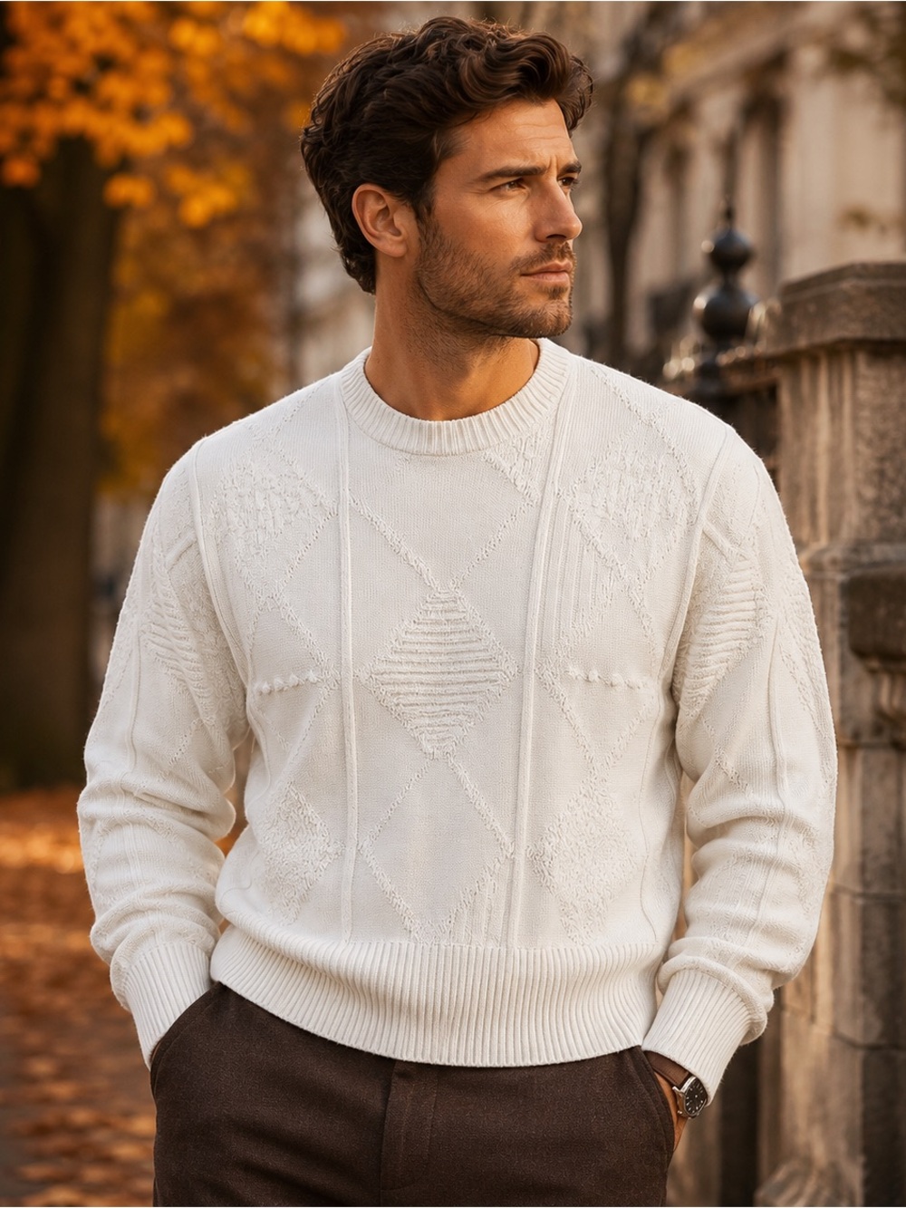 CLAUDE MONTANA Men's Textured Crewneck Sweater in Ivory